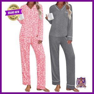Women's Long Sleeve Pajama Set with Pockets, 2-Pack, Polyester Spandex